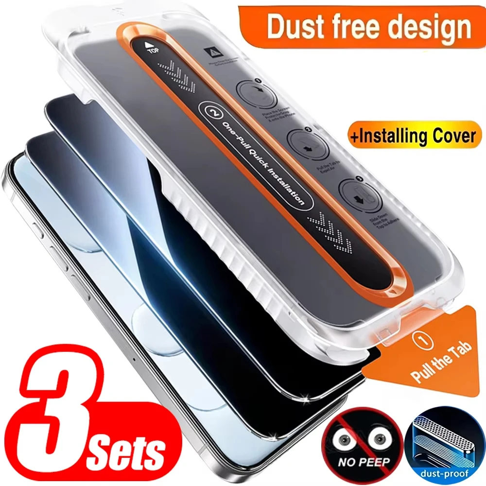 

3Pcs 8K Dust free Installation Tempered Glass For iPhone 13 14 17 16 15 11 12 Pro Max 16e 16 Plus XR XS Privacy Screen Protector