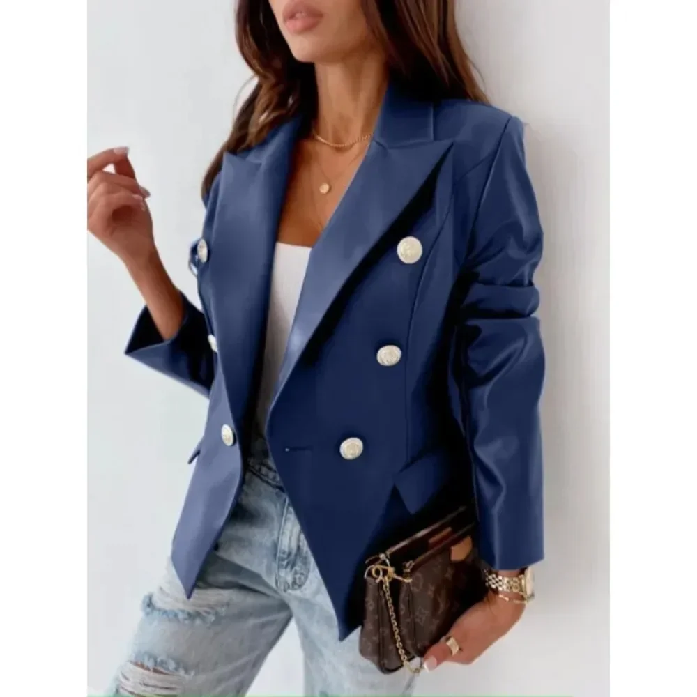 

Women's clothing new jacket long sleeved double breasted fashionable PU leather jacket paired with a small suit jacket