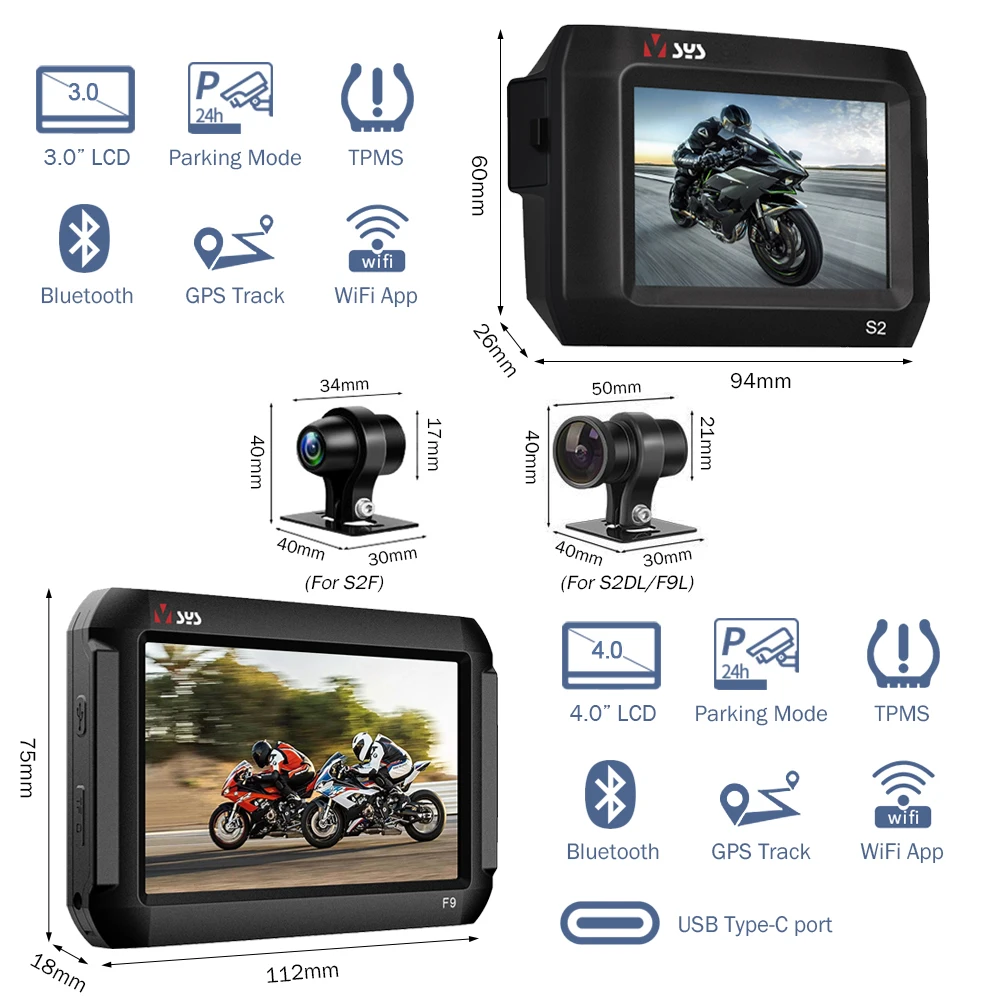 VSYS 2 Channel Motorcycle DVR Dash Cam S2 SONY Starvis 1080P Bluetooth TPMS Parking Mode Waterproof Motorbike Camera Recorder