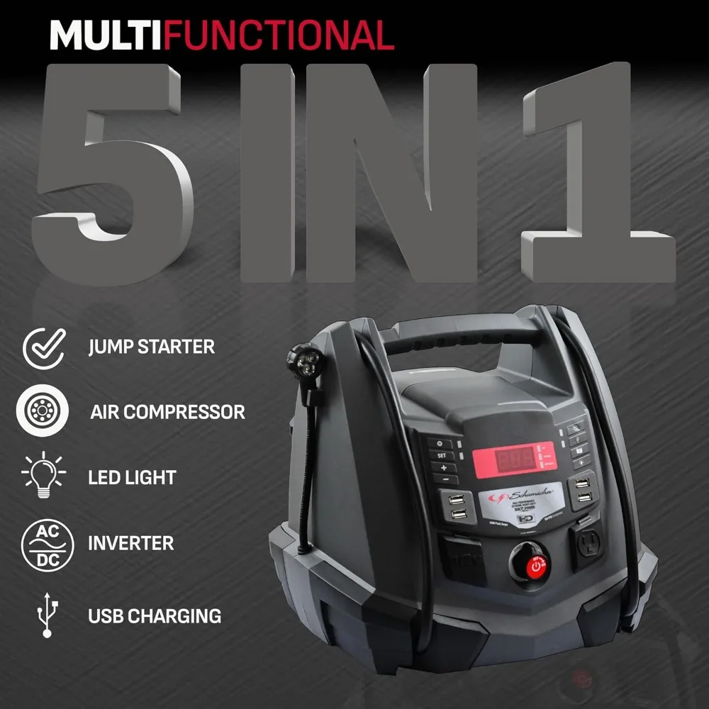 オールインワン ジャンプスターターとポータブル電源、1200ピークアンペア、12V、100PSIエアコンプレッサー