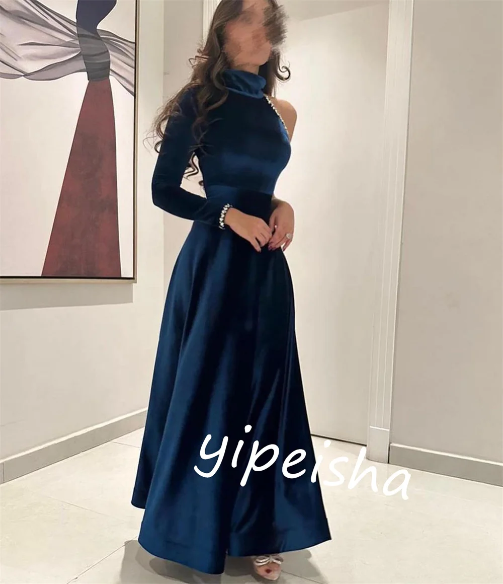 Velour Pleat Gaun acara Midi kerah tinggi A-line yang dipesan baju acara