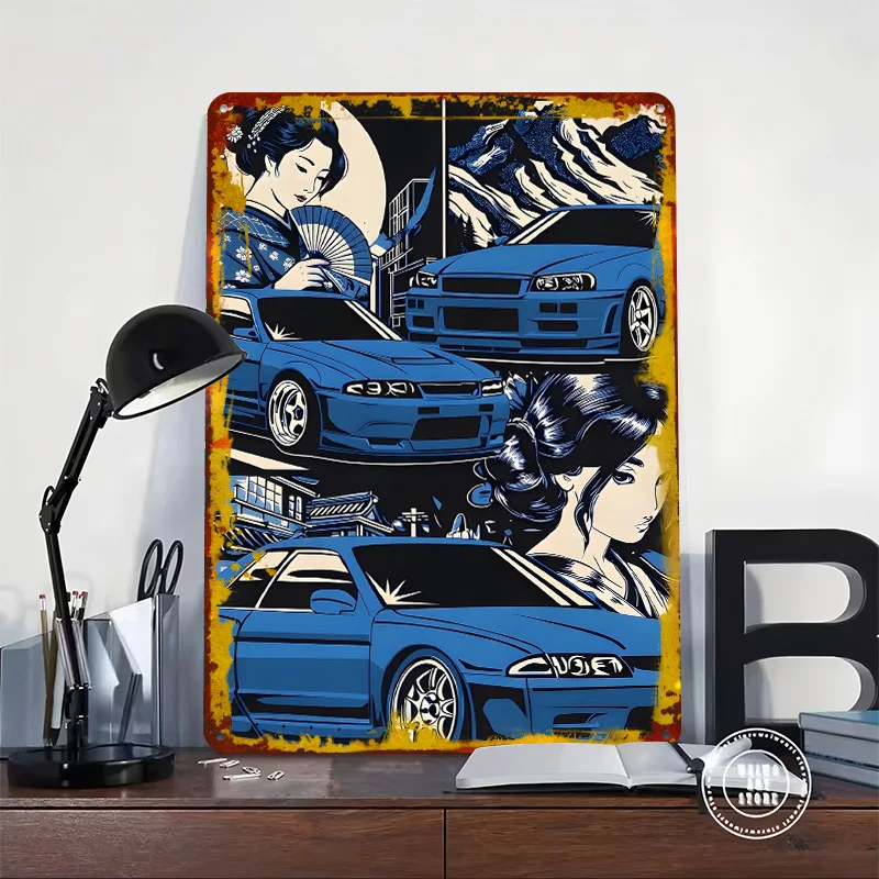 Japanese S and Geishas Art Car Metal Poster Custom Wall Art Retro Vintage Tinplate Signs for Man Cave Aesthetic Decoration Room