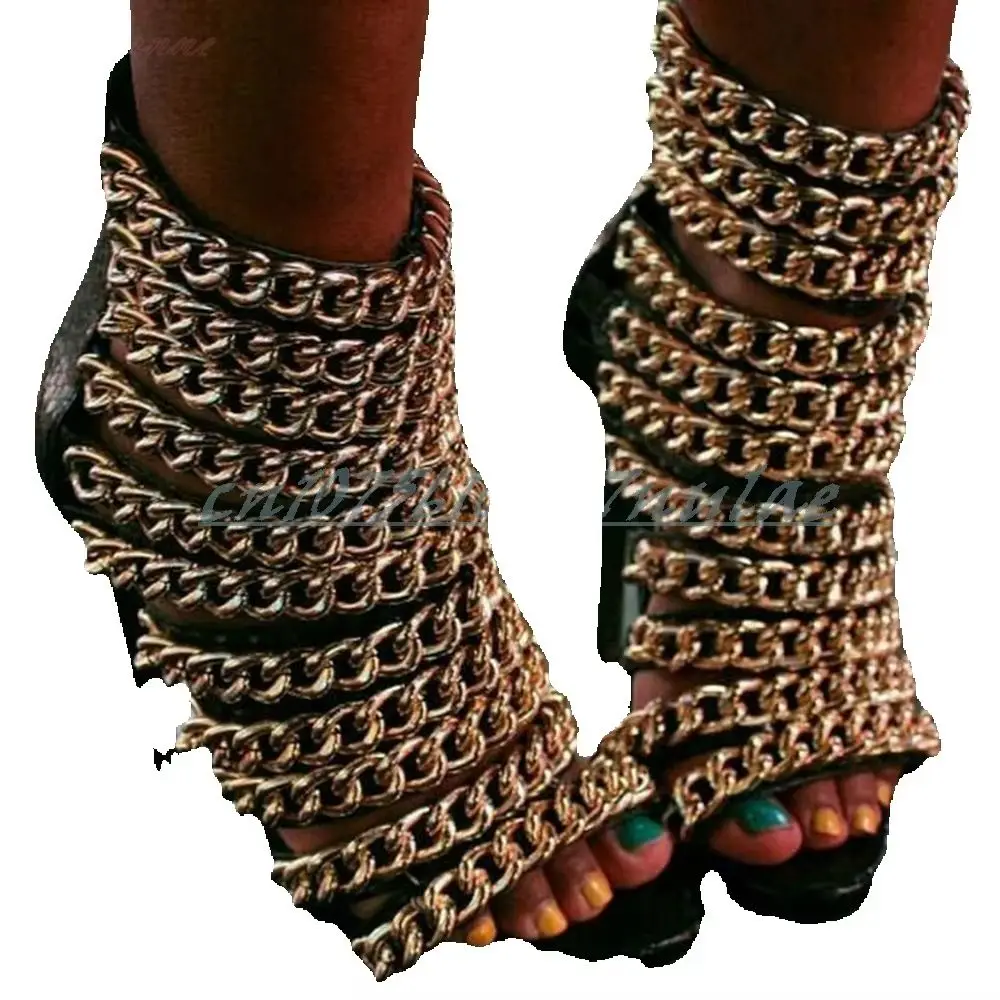 

Front Metal Chain Decor Hollow Sandals Runway Style Back Zipper Stiletto High Heel Open Toe 2026 Fashion Sexy Shoes for Women
