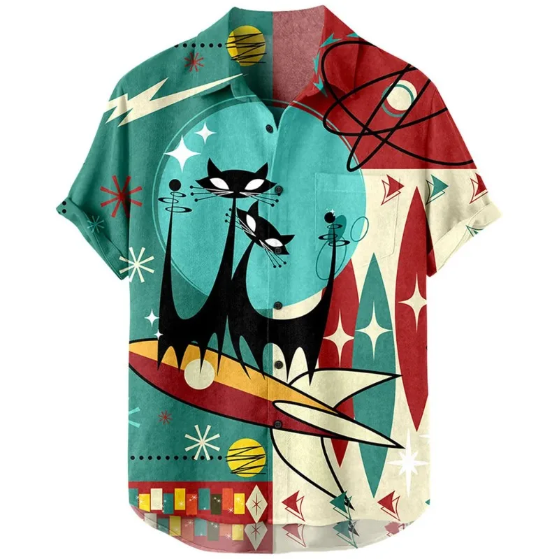 

Summer Beach Hawaiian Shirt Men's Fashion Clothing Top Men Black Cat Printed Casual Short Sleeve Shirts Adult Button Down
