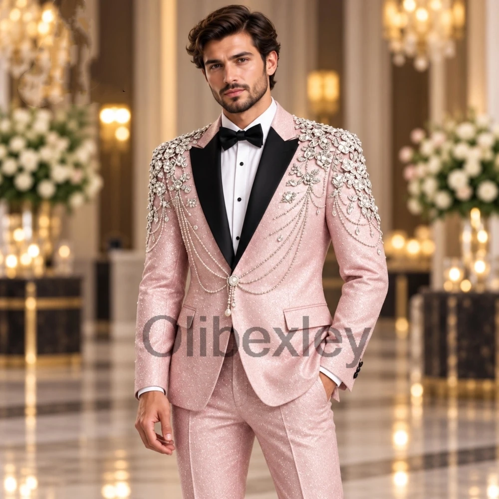 Olibexley Sparkly Pink Crystal Beaded Men Suit Diamond One Breasted Glitter Groom Wedding Tuxedos Pants Homme Customized S426
