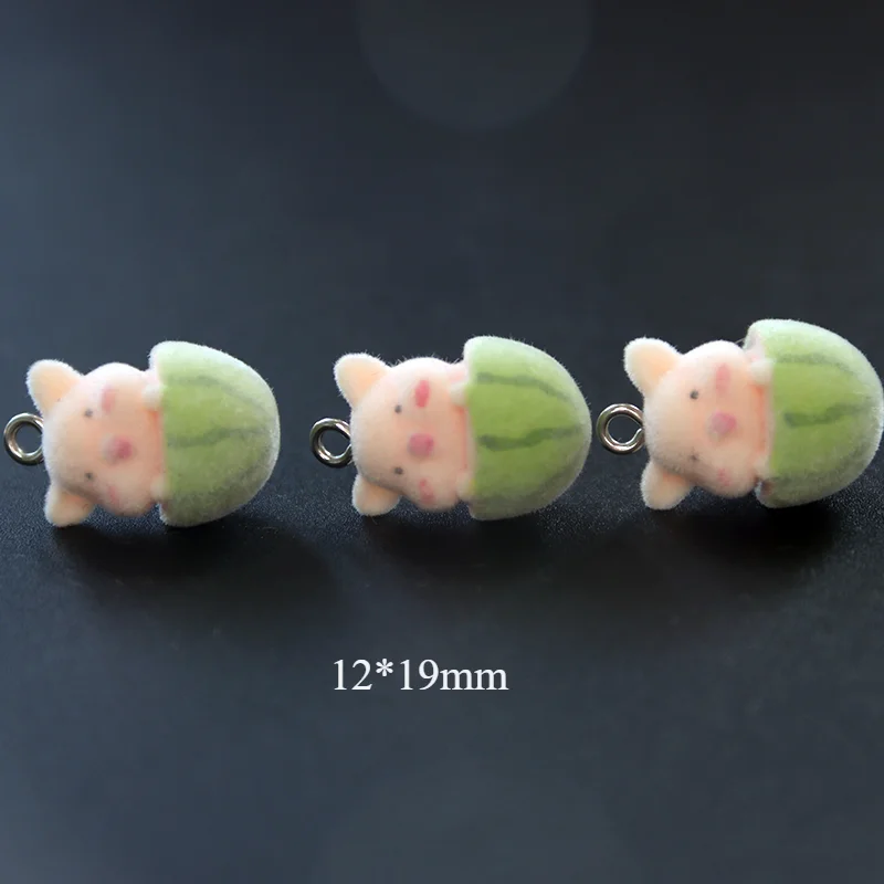 30Pcs 3D Cute Flocked Watermelon Pig Charm Cartoon Animal Resin Pendant Earring Keychain Accessories for DIY Crafts Jewelry Make