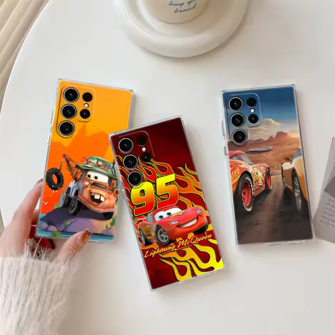 Cartoon Lightning McQueen Cars Phone Case For Samsung Galaxy S24FE S25 S23 S21 Ultra S20 S24 FE S22 Plus A35 A55 5G Clear Cover