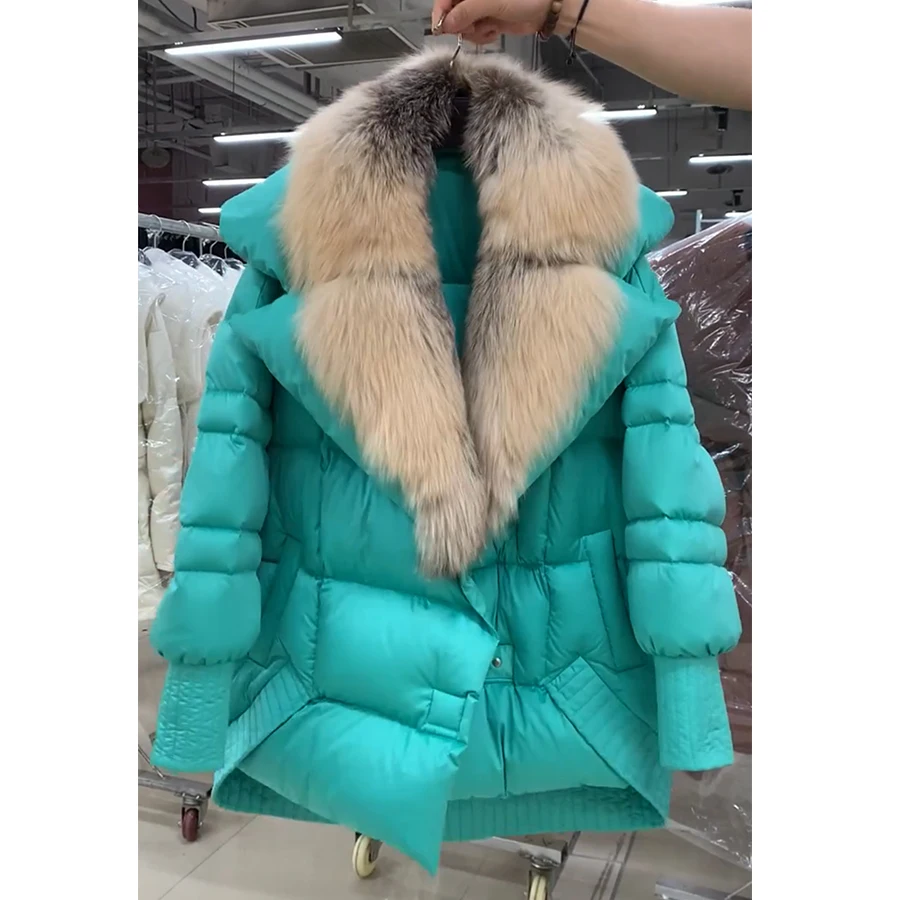 

Womens Jacket Natural Goose Down Jacket With Fox Fur Collar Mid-Length High Quality Warm Real Fur Coats