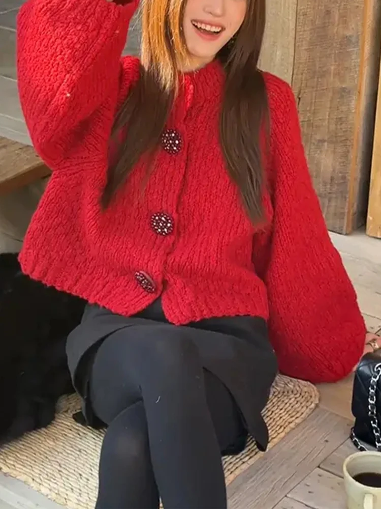 

Cisas Red Knitted Open Cardigan Sweater Women's Autumn Winter Loose Casual ort Sle Breathable round Ne Button up