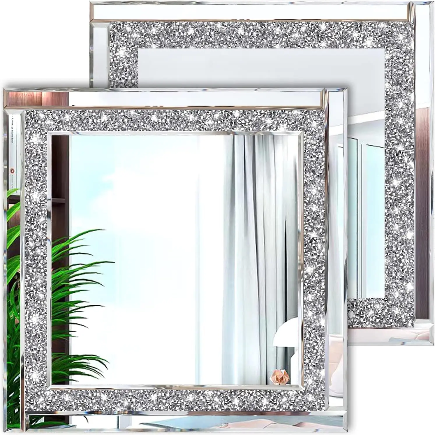 

2Pcs Crystal Crush Diamond Silver Mirror 12x12 Inch Frameless Wall Decor for Bedroom Bathroom