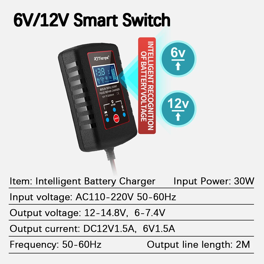 6V 12V Switch Smart Battery Charger For Motorcycle Lawn Mower ASE Adapter Cable Car Automatic Float Charger Multiple Protections