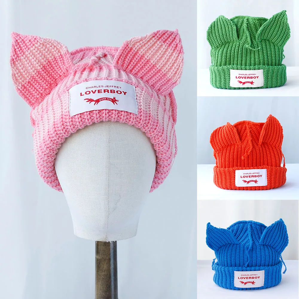 2024 Winter Skullies Cute Women green colour fox Hat Crochet Knitted Hat Costume Beanie Hats Women christmas Gift Hip-hop Cap