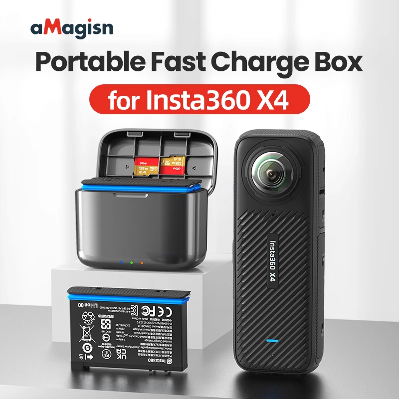 For Insta360 X4 Battery Portable Fast Charging Box Magmetic Flipping Cover Charger Hub Power Bank Action Camera Accessories Kit