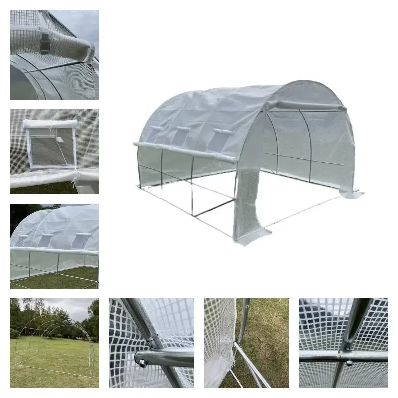 Low Cost White UV Treated Waterproof Plastic Tunnel Greenhouse Easily Assembled Round Green Houses with Metal Frame for Sale