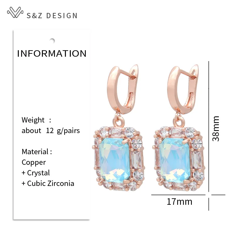 S&Z DESIGN New Fashion Rectangle Crystal Dangle Earrings For Women 585 Rose Gold Color Wedding Jewelry Cubic Zirconia Eardrop