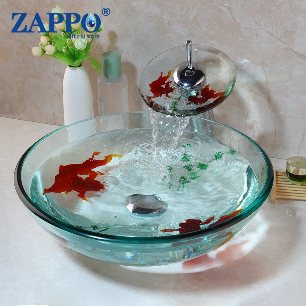 ZAPPO Bathroom Art Gold Fish Tempered Glass Basin Sink Vanity Vessel Sink Bowl with Waterfall Faucet Mixer Round Sinks