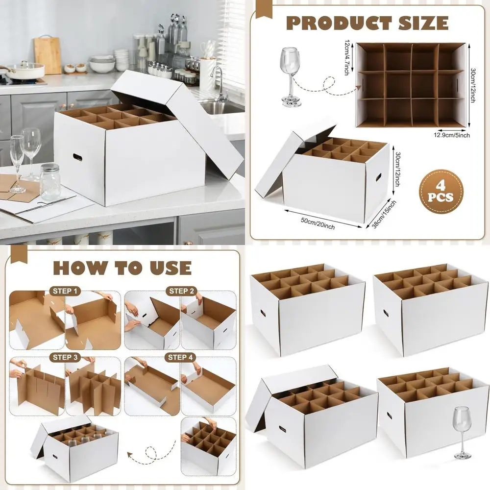 

Set of 4 White Kitchen Moving Boxes with Handle for Wine Glasses & Dishware (20x15x12 Inches)