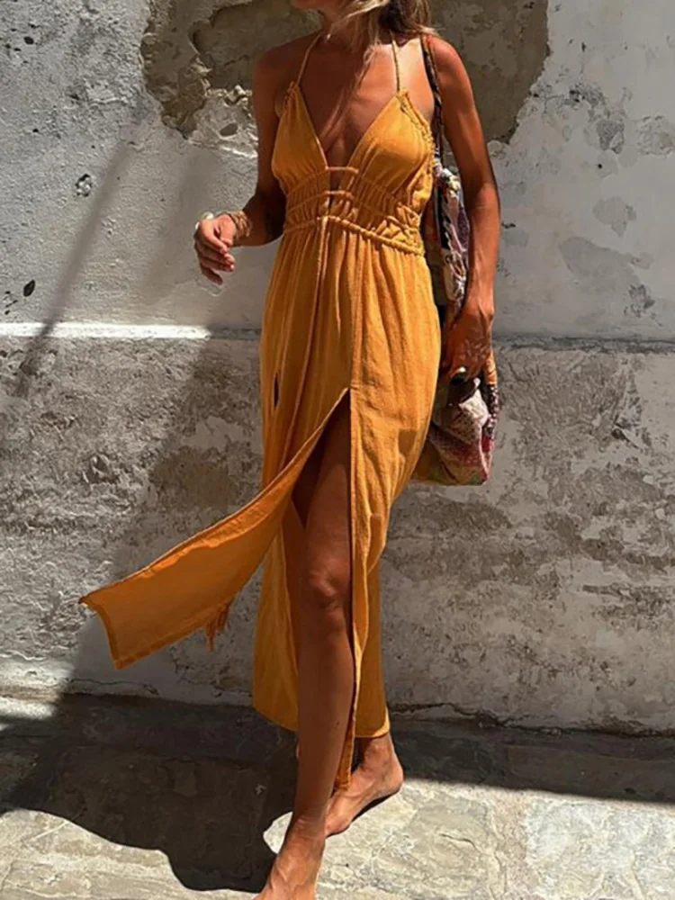 

Sleeveless Deep V-Neck Solid Maxi Dress, Women Summer Lace-Up Hollow Out Sexy Dress, 2024 Patchwork Fashion Ladies Dress Vestido