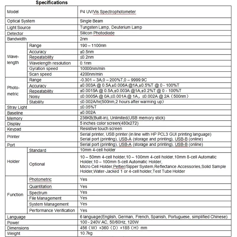 P4 Single Beam UV/Vis Spectrophotometer