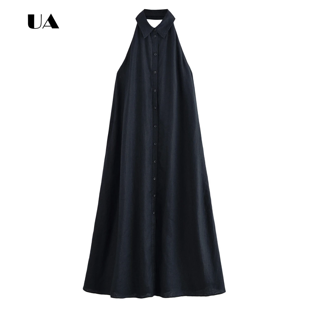 

ULBYANRY Fashionable Linen A-line Long Dress with Turn-down Halter, Vintage Sleeveless Button Maxi Dress, Casual Backless Dress