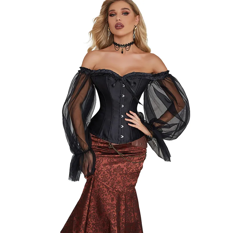 Sexy Corsets Bustiers Off Shoulder Tops For Women Long Sleeves Vintage Corset Gothic Satin Lingerie Corselet Overbust Plus Size