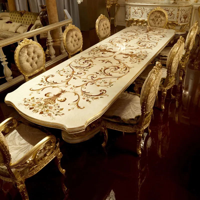 

French luxury villa European dining table and chair set hand-painted gold foil solid wood engraved square long table