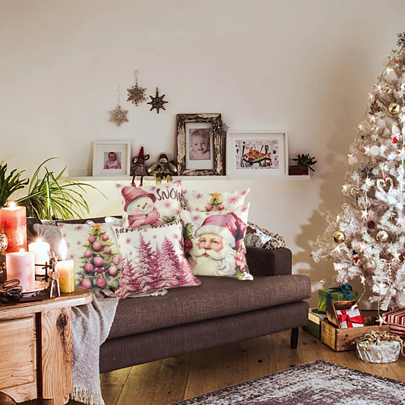 45cm Pink Christmas Tree Cushion Cover Christmas Decorations For Home Sofa Decor Xmas Santa Pillowcase 2024 New Year Noel Gifts