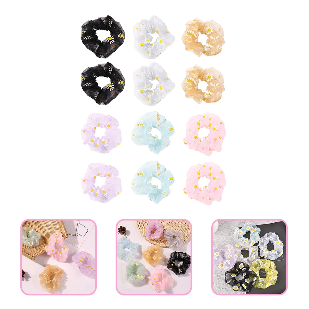 

12 Pcs C y Color Daisy Hair Ropes Elastic Mesh Accessories Floral Ponytail Decor Girls Women Hair Care Styling Tools
