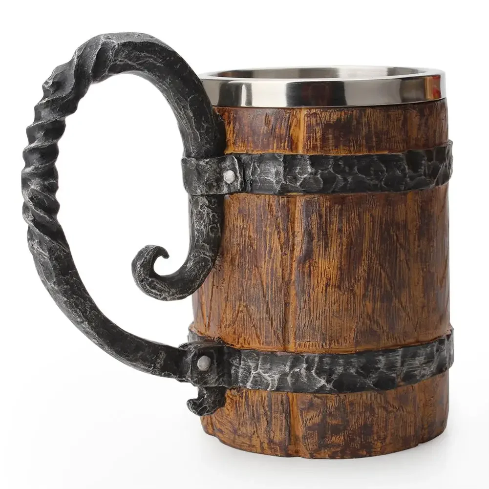 Original Viking Drinking Mug Simulation Wooden Barrel Beer Cup Double Stainless Steel Mug Gift Home Cup Wood Color