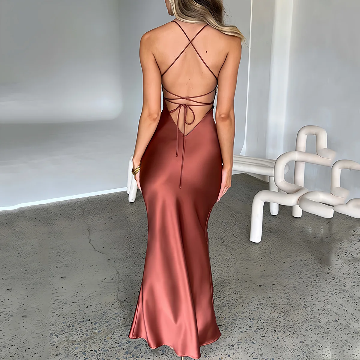 Women's Spaghetti Straps Satin Backless Sexy Dress Summer Beauty Elegant Party Evening Dress Tight Long Dress