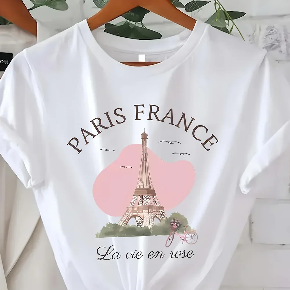 Vintage Elegant O-neck Short Sleeved T-shirt Paris Tower Printed Top High-quality Comfortable And Minimalist Women's Clothing