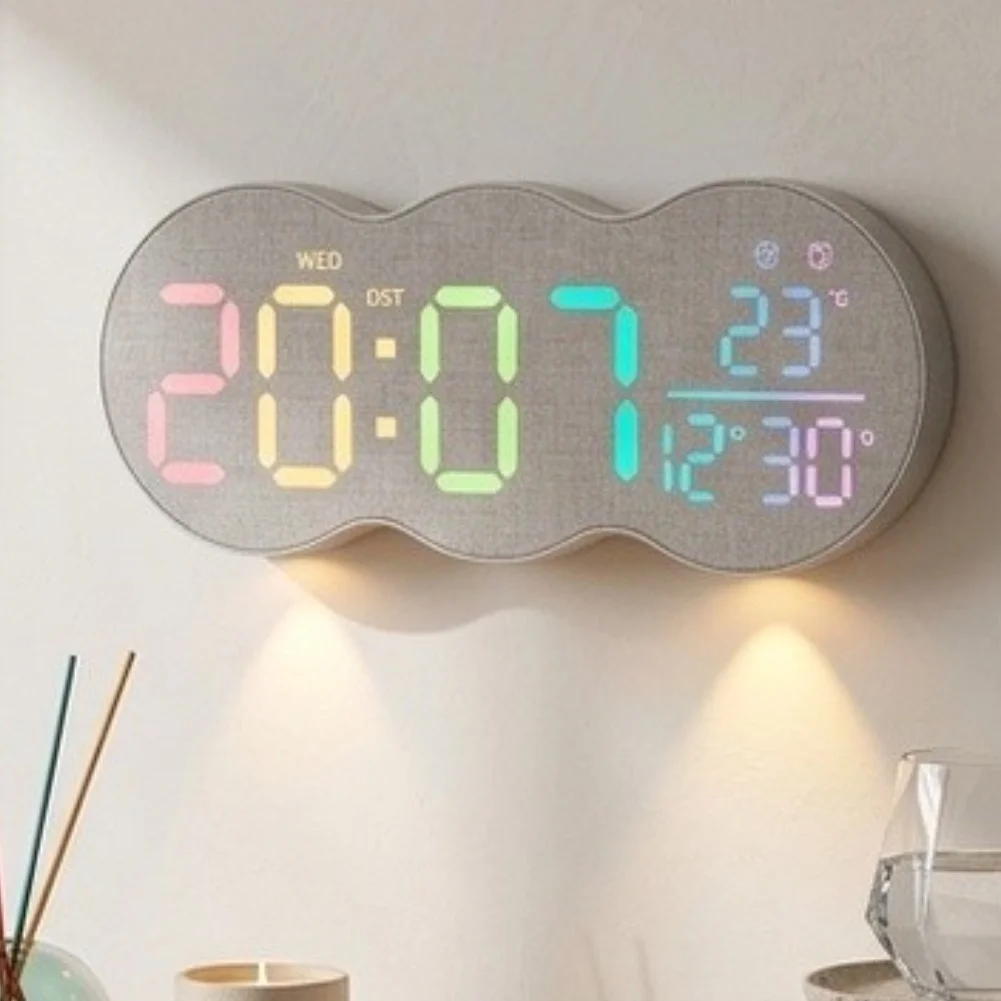 Living Room Electronic Clock with Fabric Front Panel Built-in Stand LED Night Light Temperature Date and Dual Alarm Features