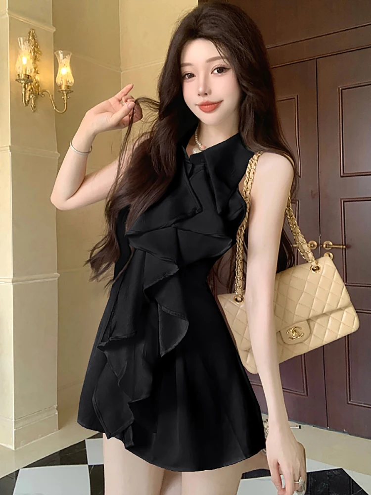 Summer White Ruffled Bodycon Short Dress Women Fashion Chic Sleeveless Polo Collar Shirt Dress 2025 Korean Elegant Casual Dress