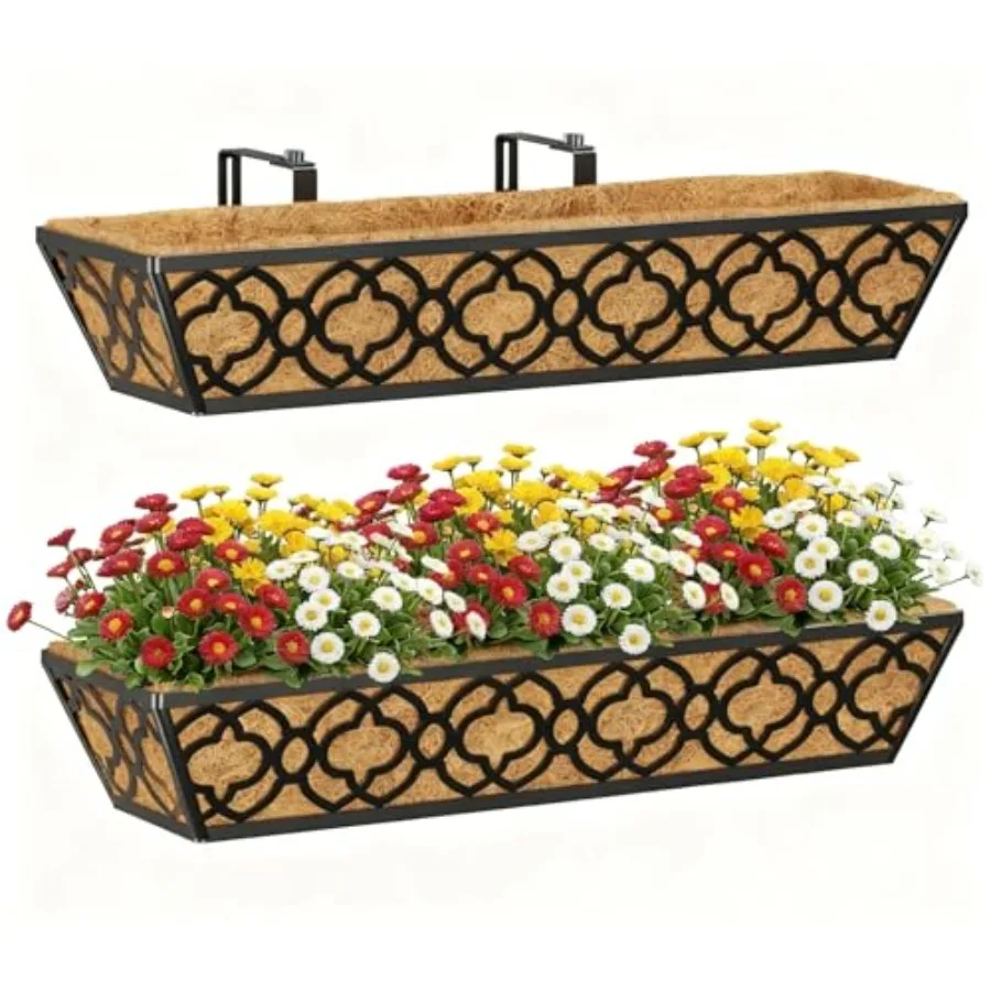 

24-дюймовые подвесные кашпо-коробки для окон (2 шт.) с кокосовым вкладышем, черные металлические, для цветов и растений