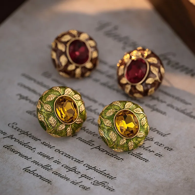 

French Vintage Red And Yellow Rhinestone Earrings Women's Maillard Color Scheme Exquisite Temperament Niche Design Earrings