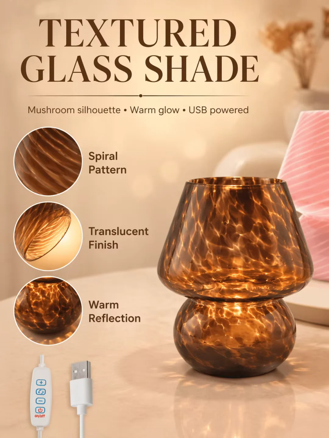 Vintage Spiral Striped Glass Mushroom Desk Lamp USB Powered Freely Moved Small Table Night Lamp Multi‑Color for Home Indoor Deco
