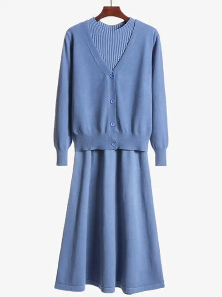 

Осень-зима женский однотонный однобортный свитер с v-образным вырезом и длинными рукавами, топы и жилет без рукавов, трикотажное платье, комплект из двух предметов, тренд