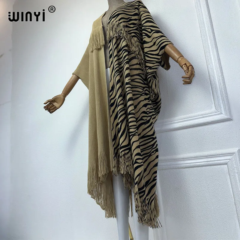 WINYI-Casaco de malha com estampa leopardo para mulheres, cardigã maxi, vestido de festa, casaco grosso quente, moda feminina, inverno