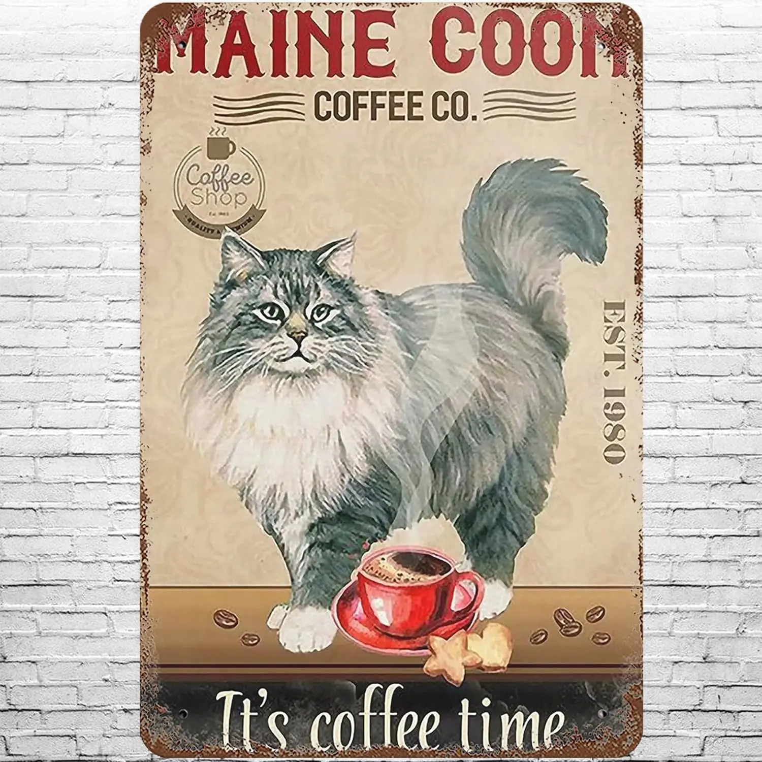 Metal Sign Vintage Cat and Coffee, Maine Coon, Retro Wall Decor It's Coffee Time, EST. 1980 Retro Tin Signs Poster for Home 