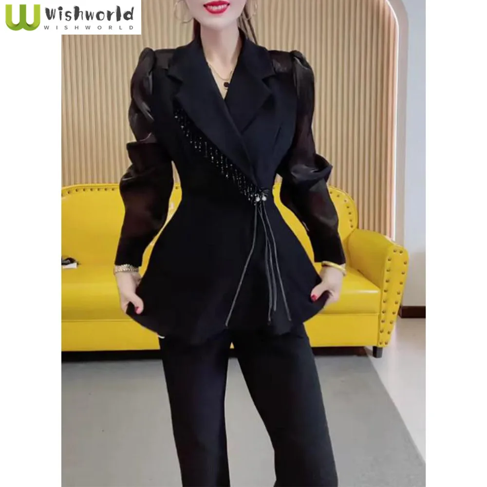 

Spring and Autumn New Fashionable and Fashionable Set Women's Style Slimming Splice Bubble Sleeve Top and Pants Two Piece Set