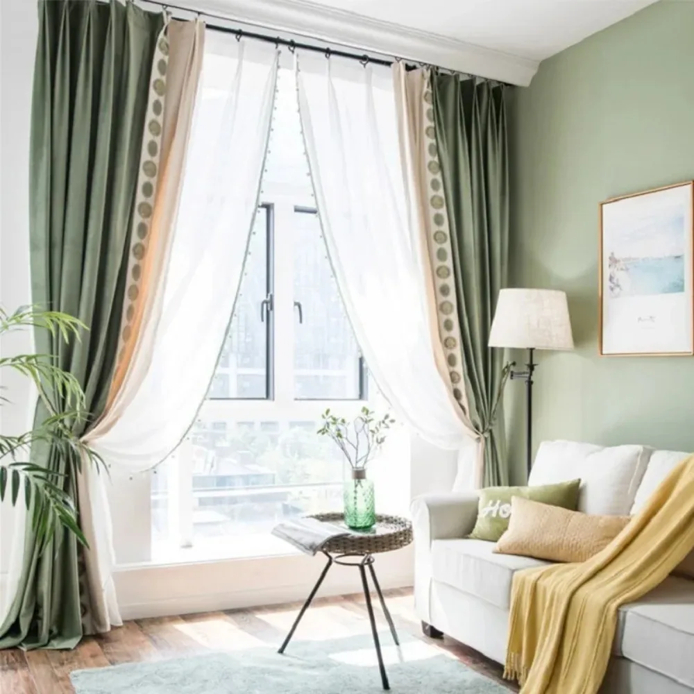 Curtains for Living Dining Room Bedroom Thick Velvet German Cotton Velvet Contrast Stitching Windows Door Kitchen Green Fresh