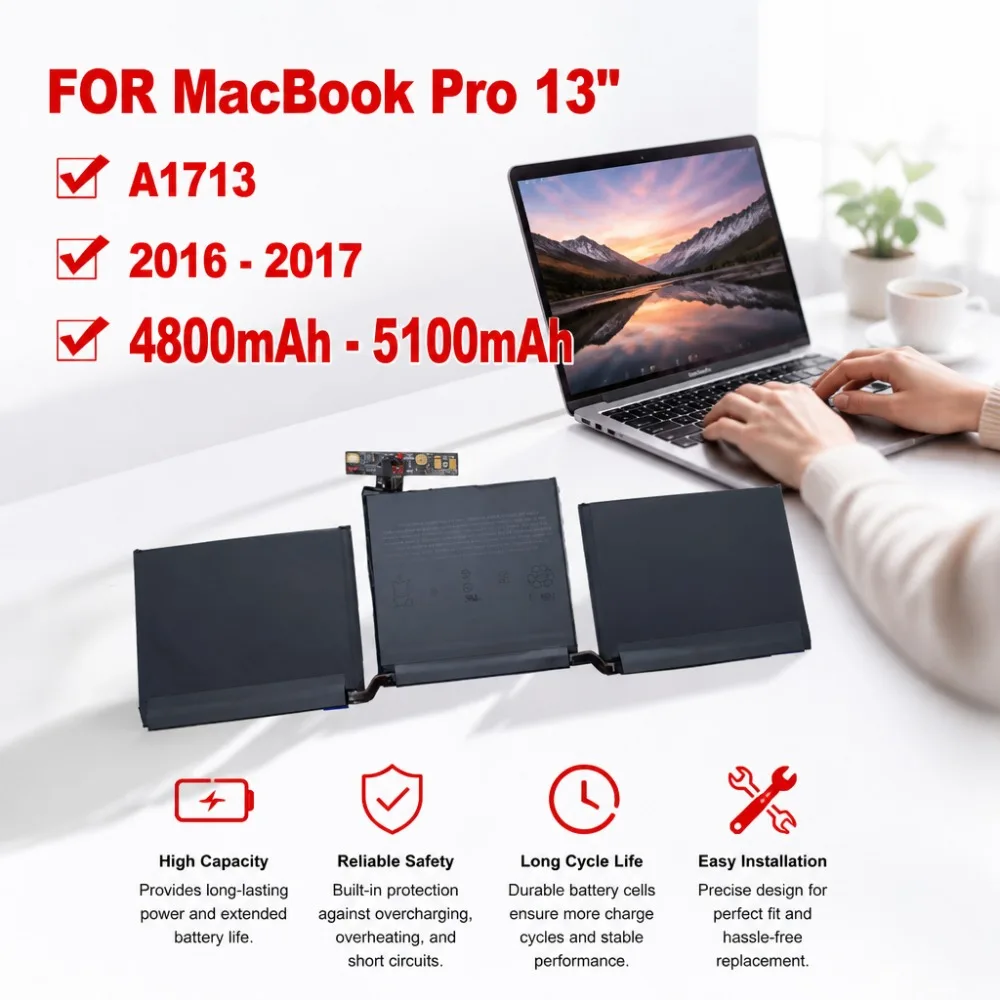 4800mAh 5100mAh For MacBook Pro A1708/A1713 Battery 11.4V Replacement for 13