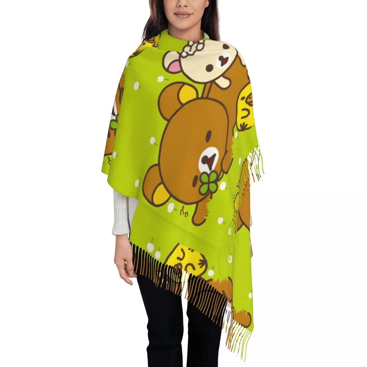Lindos chales Rilakkuma para mujer, bufanda larga y suave de invierno, pañuelo con borlas de dibujos animados