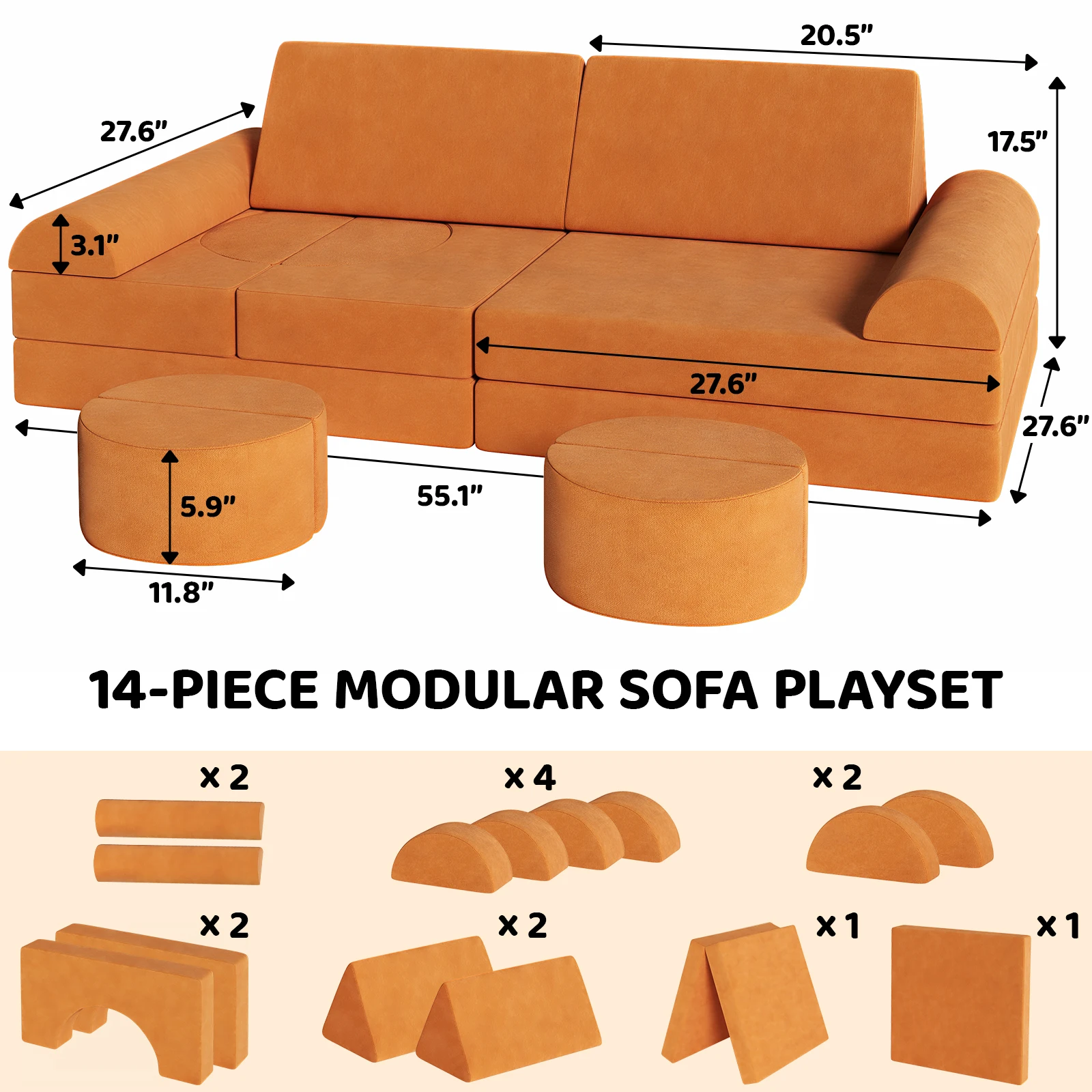 14PCS Modular Kids Play Couch, Large Toddler Sectional Sofa, Child Couch Building Fort, Convertible Foam Cushion Sofa