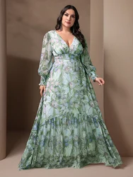 TOLEEN-Women Floral Print Long Dresses, V-Neck, Lantern Sleeve, Casual, Elegant, Vacation, Party, Plus Size, Spring Summer 2024