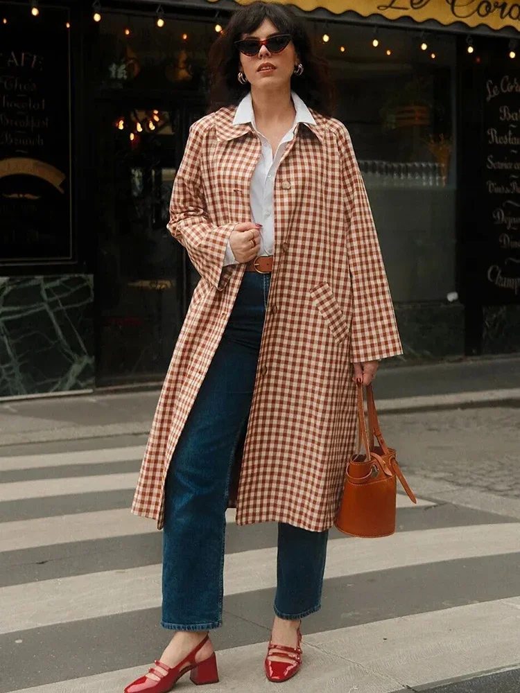 

Women Red Plaid Long Trench Coat Casual Lapel Single Breasted Full Sleeve Windbreaker Jacket Autumn New Lady Streetwear OUTWEAR