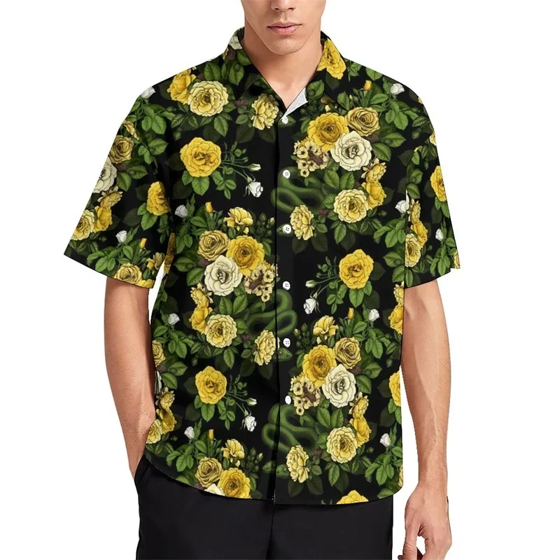 Camicie da uomo 3D Rose Flower Print camicie Casual camicie hawaiane a maniche corte camicie abbottonate abbigliamento da spiaggia maniche corte da uomo estive