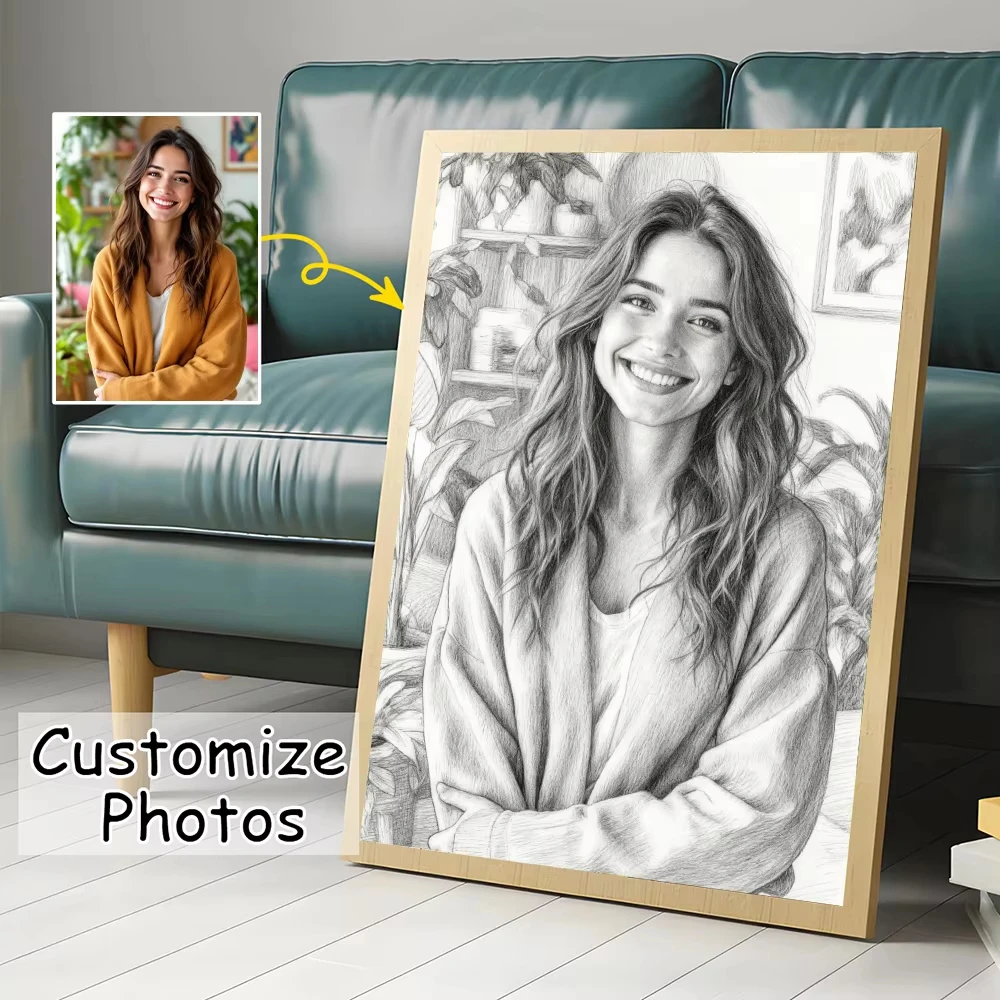 Customize Your Photos Black & White Pencil Sketch Style Canvas Print Wedding Photos Family Pets Wall Art Posters for Home Decor