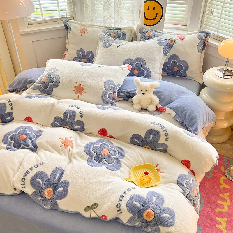 

1Pc Winter Flower Printed Thick Duvet Cover, Warm Coral Fleece Duvet Cover for Housse De Couette Flannle Blanket Dekbedovertrek