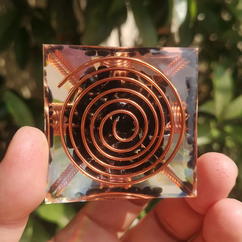 Spiral Copper Wire Orgonite Pyramid Obsidian Orgone Healing Energy Yoga Meditation Ornament